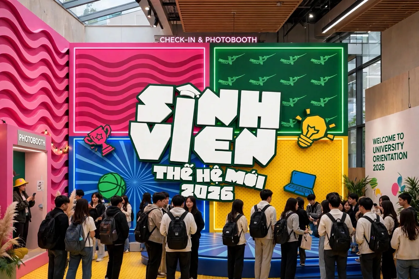 Sinh viên xếp hàng trước backdrop