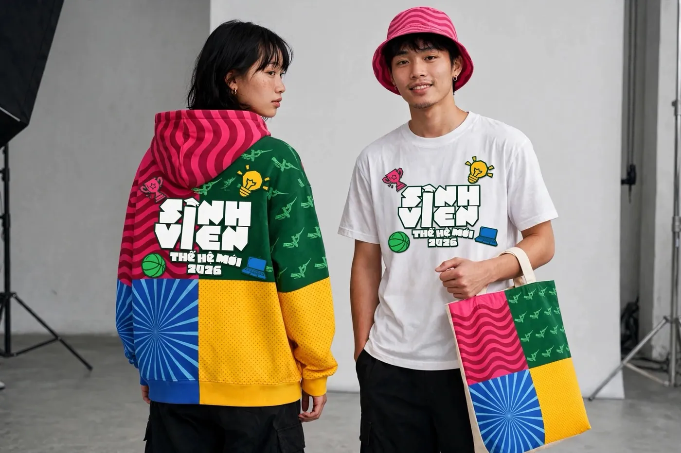 Lookbook hoodie lưới bốn ô, tee trắng, nón sóng, tote