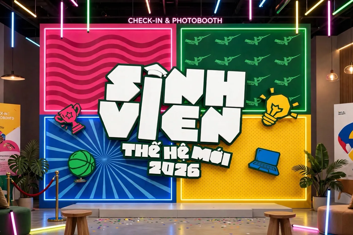 Backdrop check-in SINH VIÊN THẾ HỆ MỚI 2026 trên lưới bốn ô, logo khối trắng viền Forest